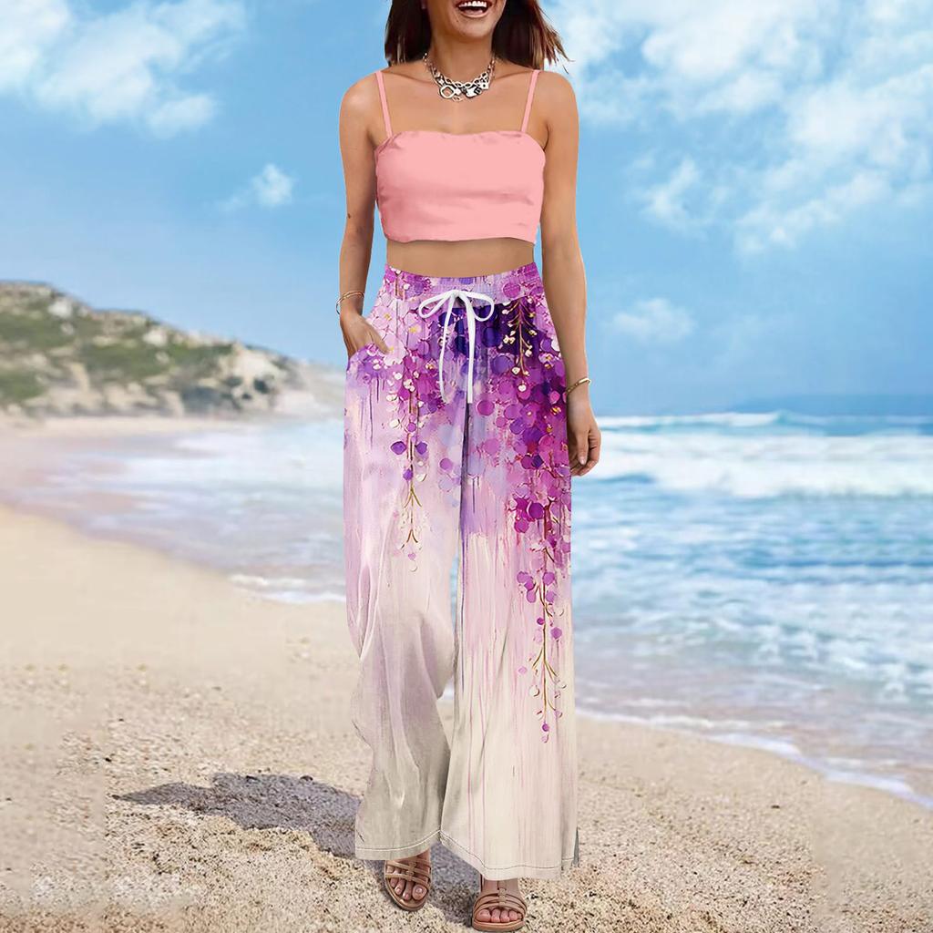 Women Summer Boho Palazzo Pants High Waist Wide Leg Floral Printing Casual Trousers With Pockets