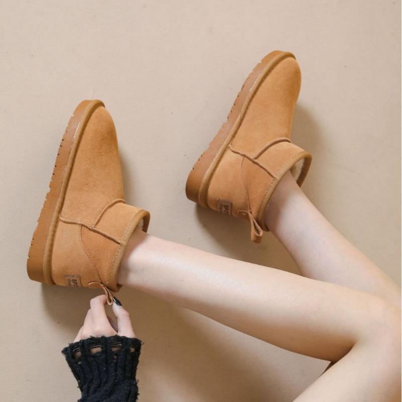 Women's Leather Large Size Thick Sole Winter Warm Fur Snow Boots Padded Lined Ankle Boots Non-slip Hiking Sports Cotton Boots