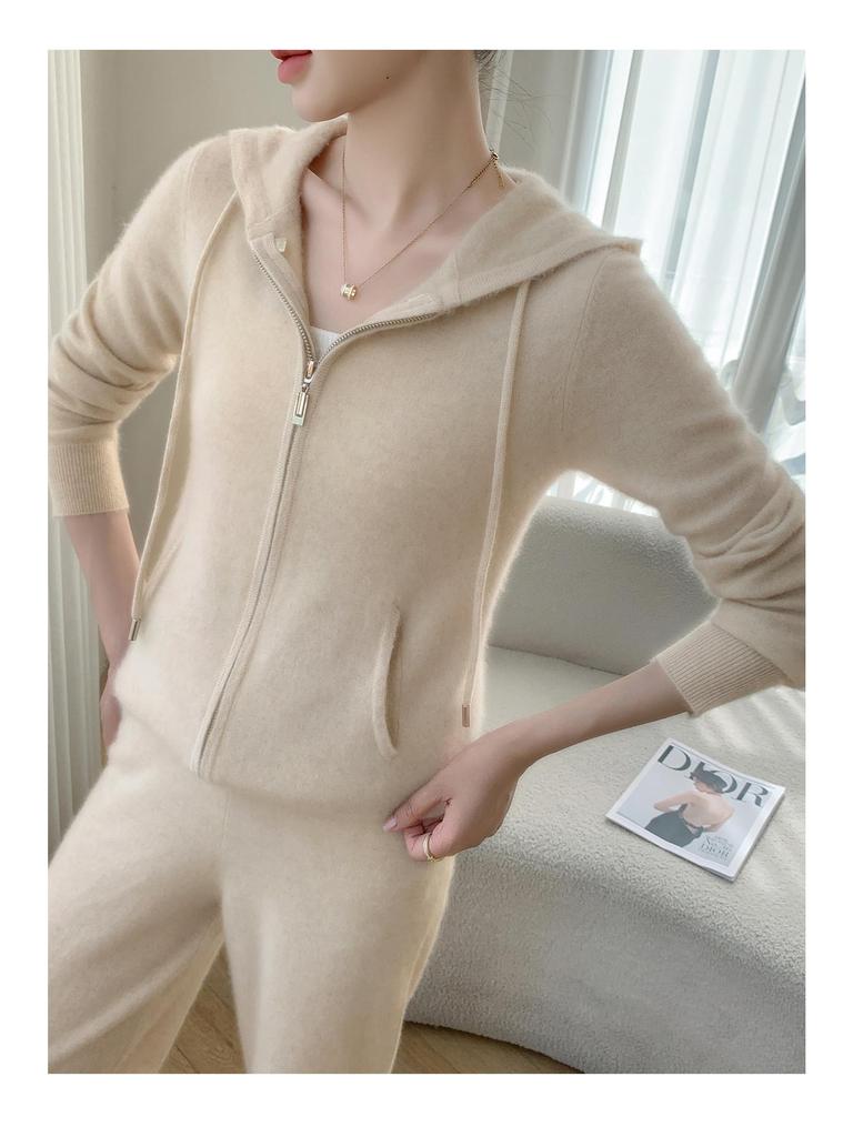 Autumn/Winter 2025 Women's Hooded Cashmere Knit Cardigan & Wide-Leg Pants Set