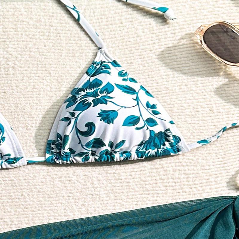 2025 European & American Print Lace-Up Bikini: Sexy Three-Piece Swimsuit Women's Beachwear