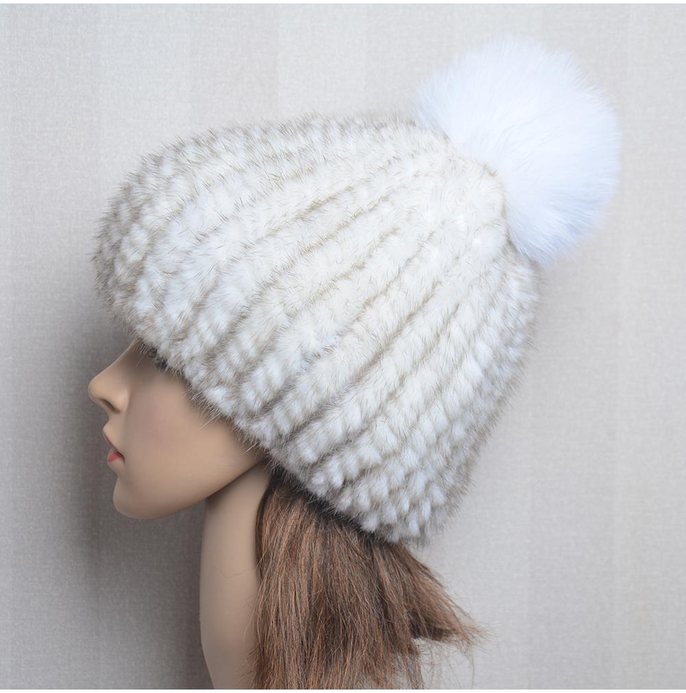 Winter Women Natural Mink Fur Hat Hand Knitted Warm 100% Genuine Mink Fur Cap Russia Lady Real Mink Fur And Fox Fur Pompoms Hats
