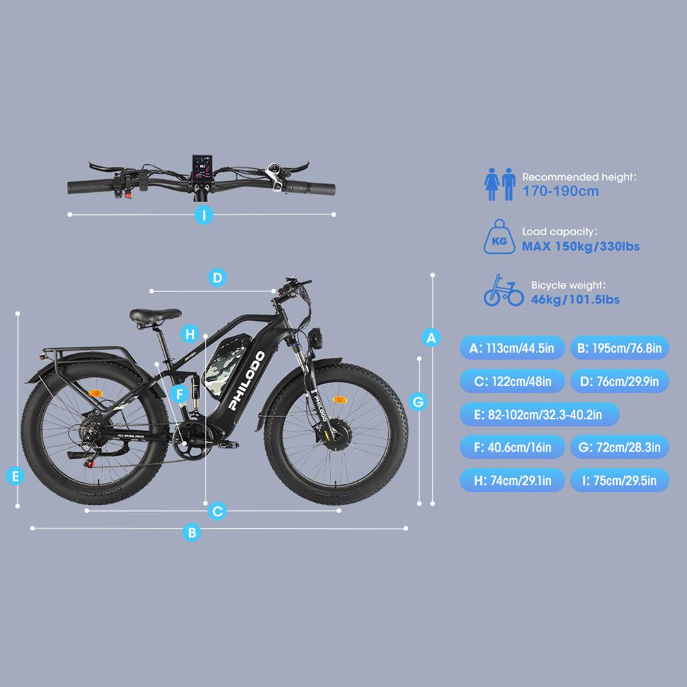 Philodo Jumbo Elektrické kolo 1500Wx2 Špičkový motor 26" Silné pneumatiky Celoodpružené Elektrické kolo Pro dospělé 48V 46AH LCD displej Maximální nosnost 150 kg