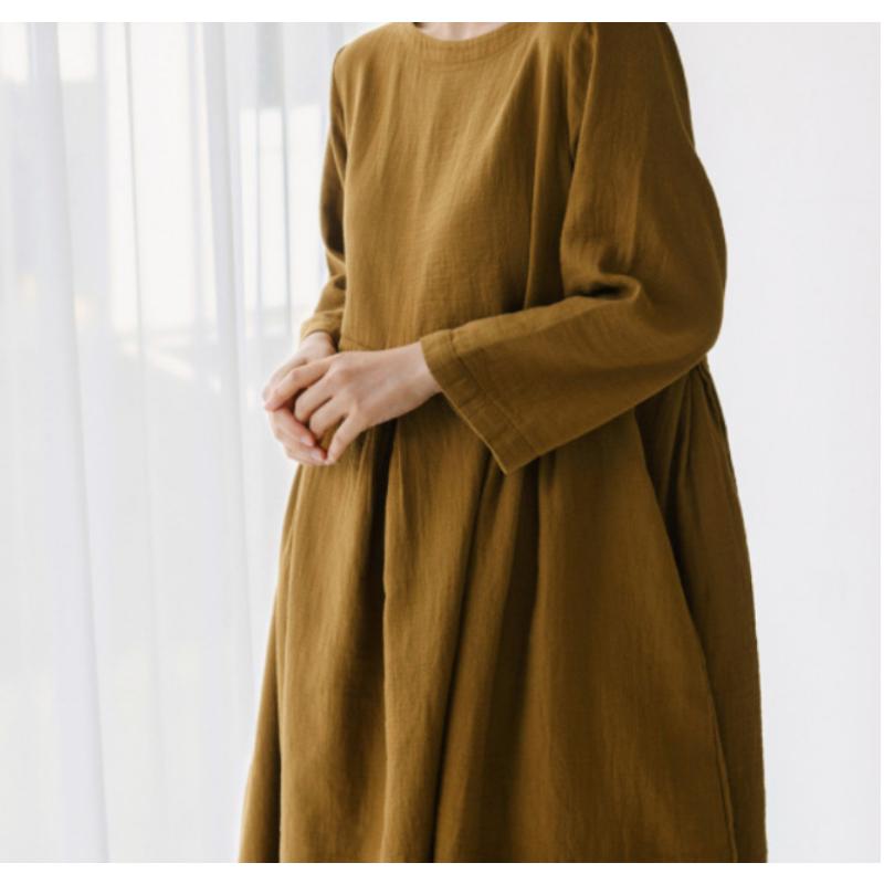 New Women's Plus Size Cotton Linen Dress, Loose Fit Round Neck Long Sleeve Knee-Length Pullover, Japanese Korean Forest Girl Style Casual Summer Dress