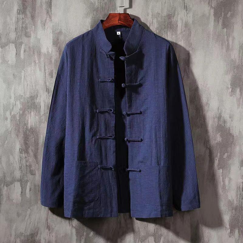Men's Retro Chinese Cotton-Linen Stand Collar Long-Sleeve Shirt