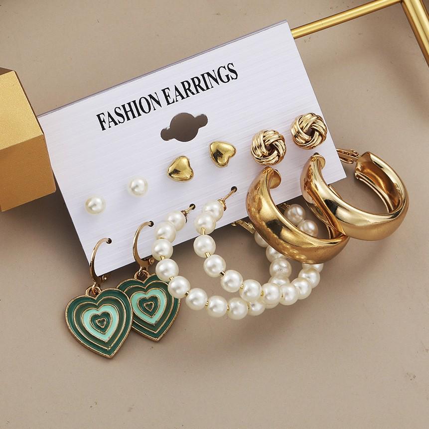 European & American Retro Geometric Hammered Textured Earrings 6-Piece Set: Creative Heart Diamond Stud & Alloy Earrings
