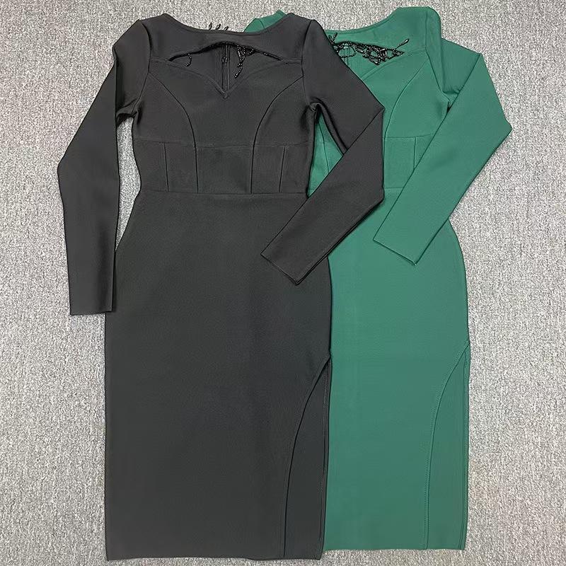 Damska Seksowna Sukienka Bandażowa z Koralikami i Długim Rękawem z Rozcięciem