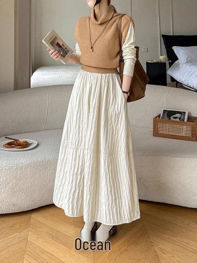 2025 Korean White High-Waisted Velvet A-Line Midi Skirt for Women S чёрный