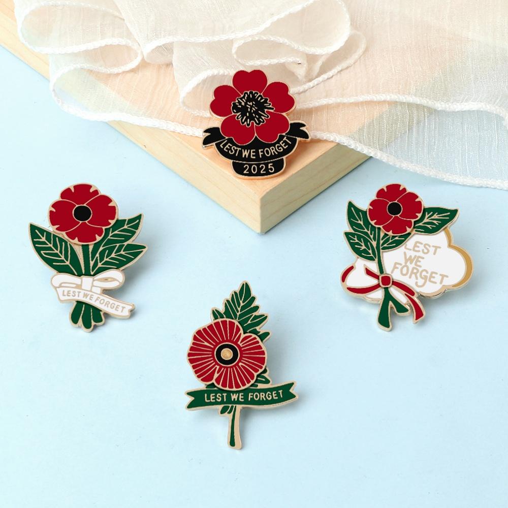 Flower Red Poppy Enamel Pin Letter LEST WE FORGET Vintage Brooches for Women Men Lapel Backpack Badge Memorial Day Gifts Jewelry