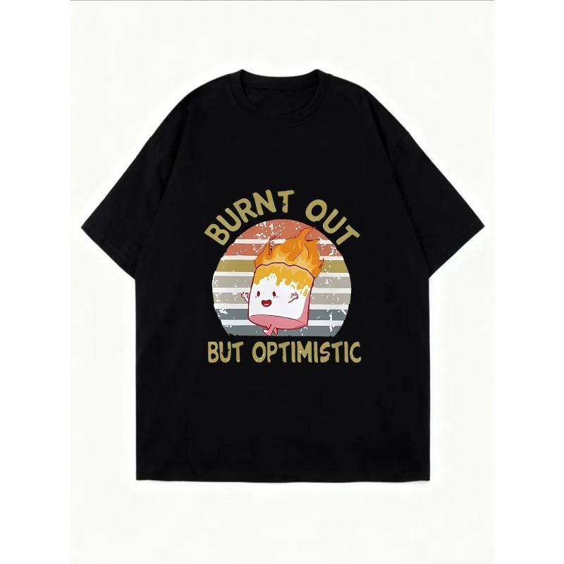 White T-Shirt With Burnt Out But Optimistic Cartoon Marshmallow Print For Casual Wear