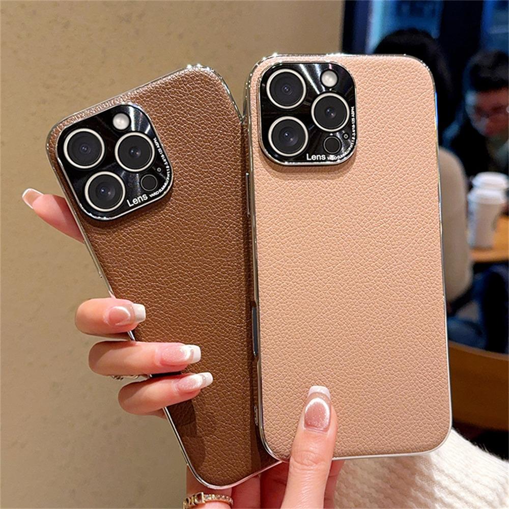 For iPhone 15 Pro Case Electroplating Edge Litchi Texture Leather+PC Phone Cover