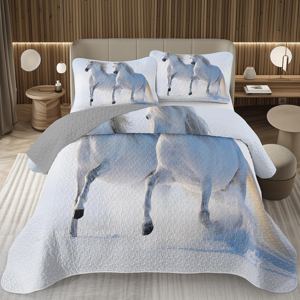 Wild Horse Bedspread Queen/Full Galloping Horse Pattern Quilted Bedding Set Farm Animal Coverlet Set Reversible Rustic Bed Cover