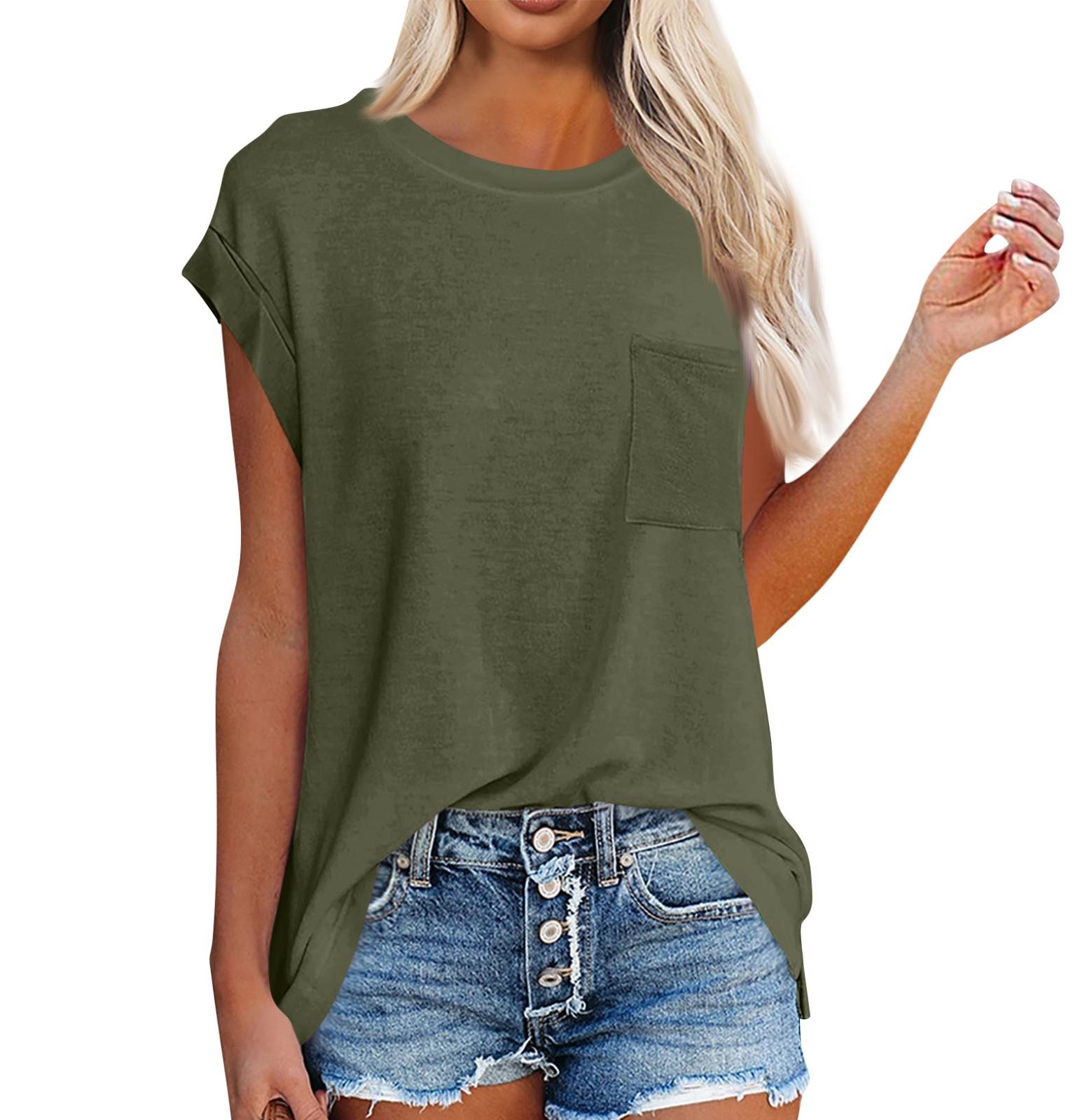 

Женская летняя мода, свободный однотонный топ без рукавов с короткими рукавами и карманами, повседневный топ с разрезом L армия зеленый