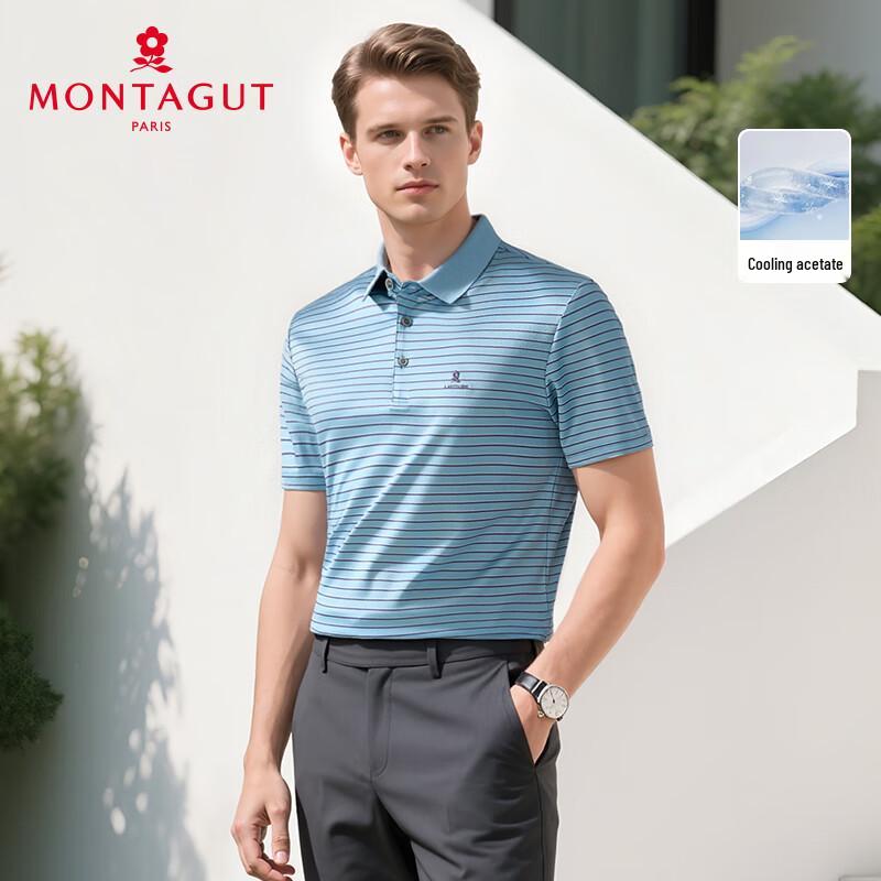 MONTAGUT Men s Summer Breathable Stripe Jacquard Acetate Polo Shirt M (48)