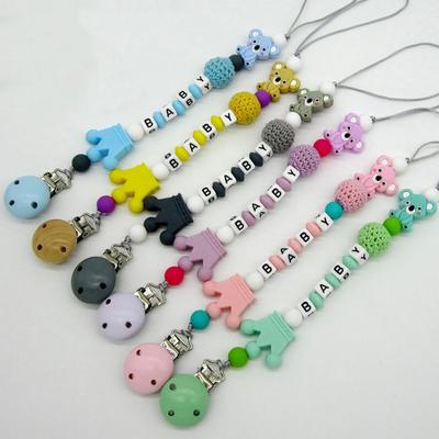 Pacifier Clip with Silicone Beads & Wooden Letters BPA-Free Baby Teething Necklace Anti-Loss Soother