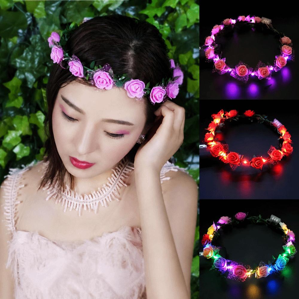 Ghirlanda di Fiori Artificiali Regolabile Fiore di Rosa Ghirlanda di Fiori Fascia con Luce LED Abbigliamento per Festival