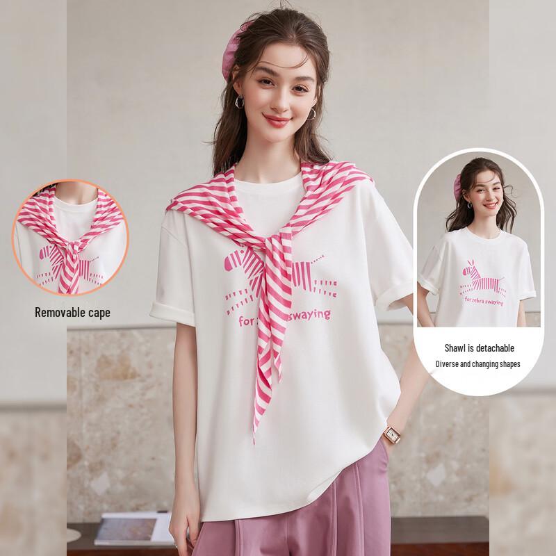 Women s Loose Fit Short Sleeve T-Shirt with Detachable Shawl XL
