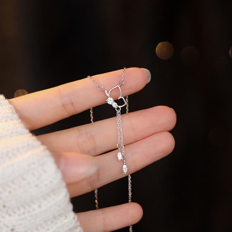 S925 Sterling Silver Butterfly Pendant Necklace for Women , Trendy Tassel Chain Summer 2024 Fashion Jewelry