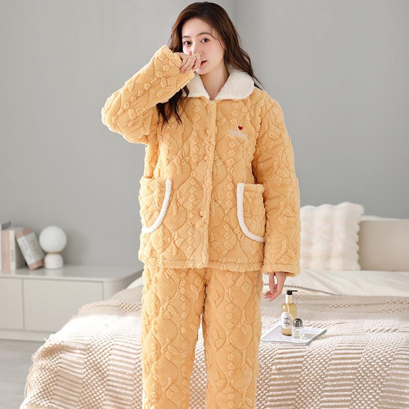 

Пижамный женский осенне-зимний комплект из плюшевого и толстого фланелевого трехслойного хлопкового кардигана, высококачественная зимняя теплая домашняя одежда