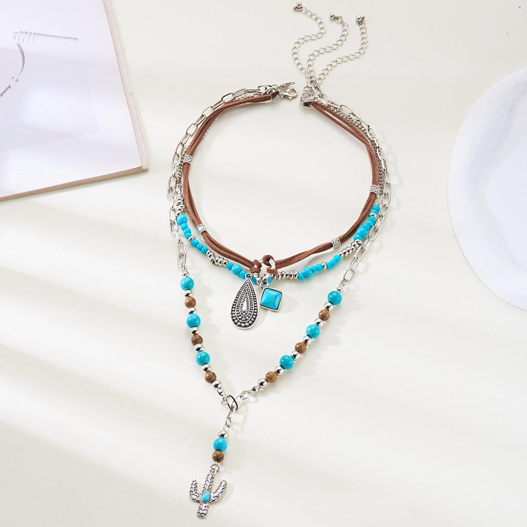 Bohemian Turquoise Geometric Pendant Necklace With Gold Chain For Women Summer 2025