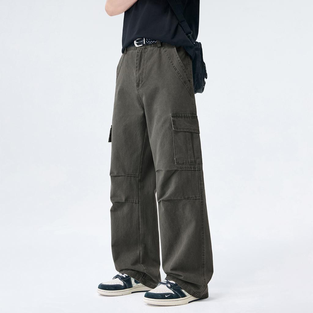 American high street tide brand washing tooling casual pants men's trend fashion loose straight splicing multi-pocket trousers