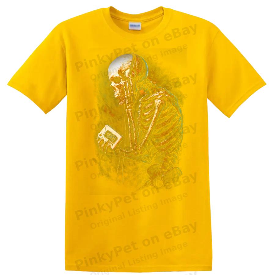 Skeleton Listening To Music T Shirt Vintage Retro Art Music Lover Tee