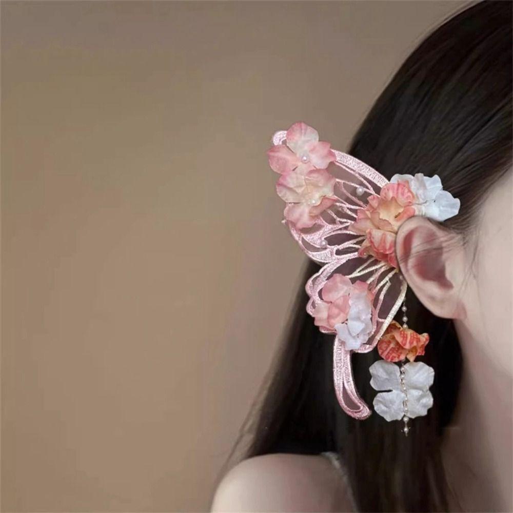 Mesh Large Butterfly Hairpin Imitation Pearl Flower Hair Clip Tassel Duckbill Clip  Wedding