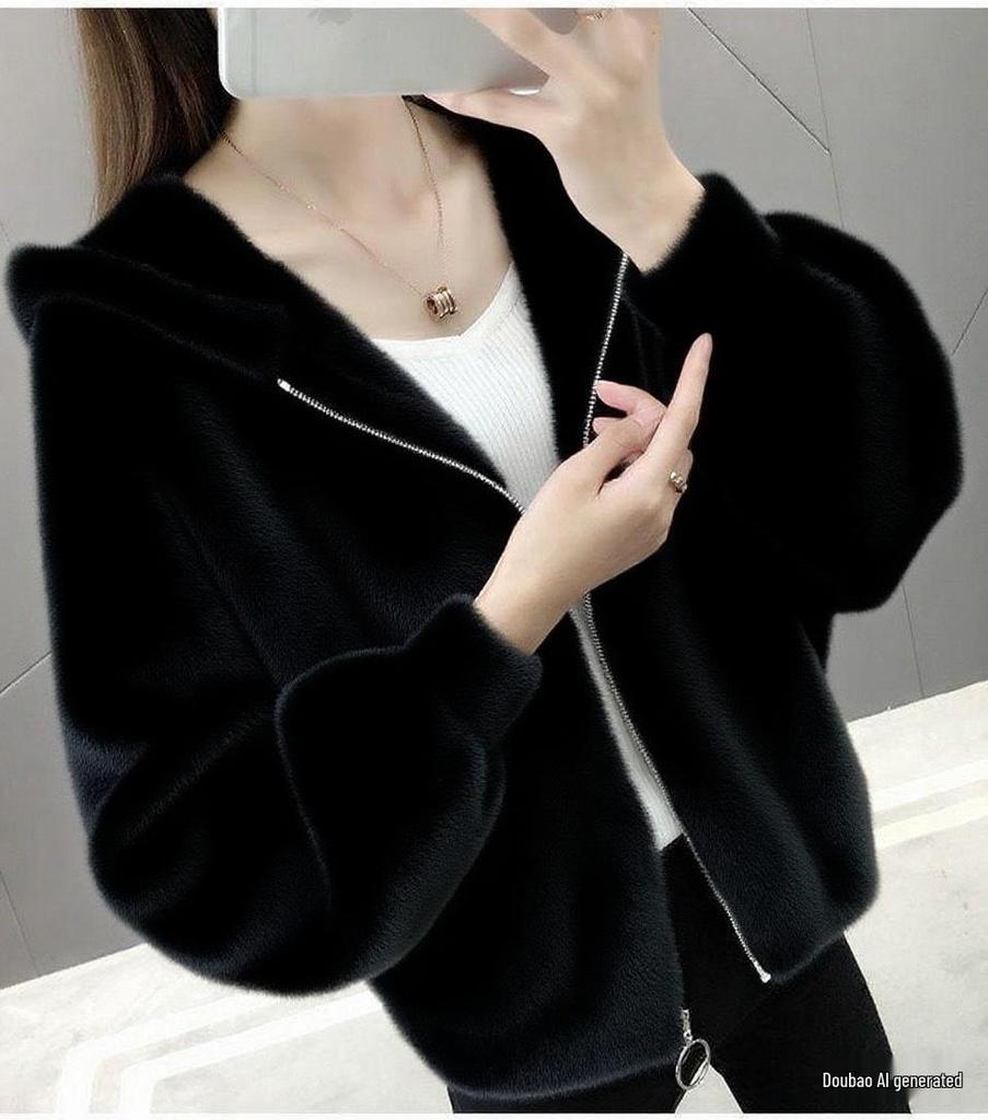 Women's Trendy Faux Mink Long Sleeve Knit Cardigan, Korean Style - Versatile & Fairy-Inspired for Autumn & Winter