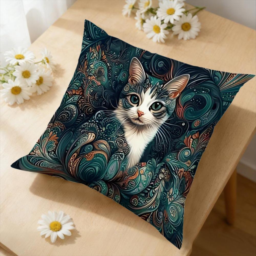 1Pc Artistic Cat Cushion Cover Teal Green Floral Swirl Pillowcase For Sofa Bedroom Decorative Throw Pillow Case Home Decor