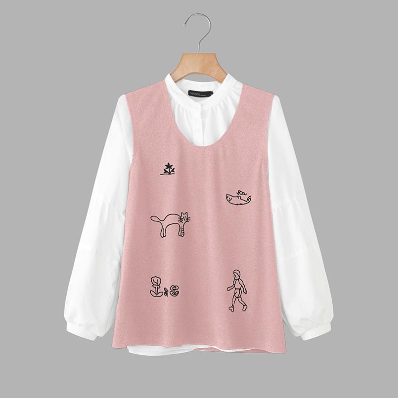 ZANZEA Women Casual Round Neck Long Sleeve Patchwork Blouse