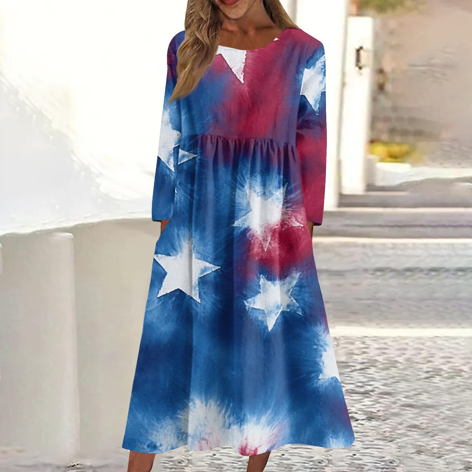

Women s Casual Crewneck Independence Day Festival Printed Midi Dress Long Sleeve Pocket Dress XL винний