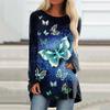 Plus Size Women Spring Butterfly Printed Comfy Long Sleeve Round Collar T-shirt Casual Baggy Mid Length Tee Tops