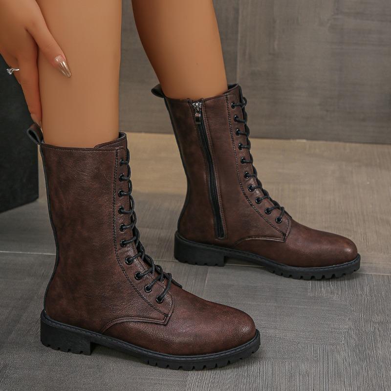 Women'S Fashion Chunky Single Boots Autumn New Round Front Lace-Up Side Zipper Soft Sole Non-Slip Mid-Calf Boots
