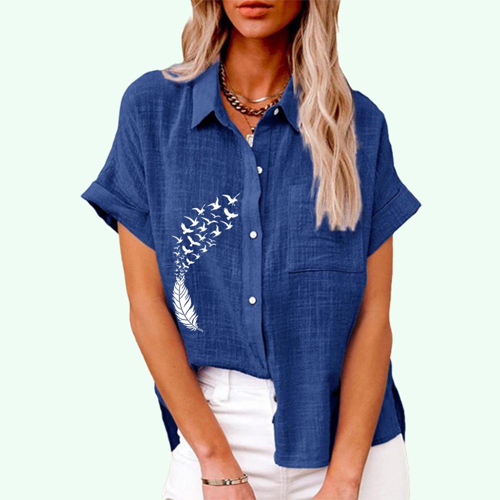 Women Fashion Print T-shirt Summer&autumn Casual Lapel Collar Top Ladies Buttoned-down Tee Shrit Loose Short Sleeve Blouses
