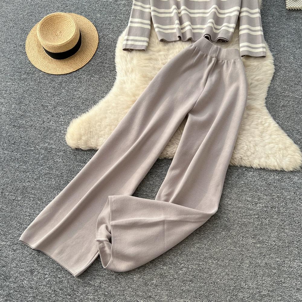 Autumn Winter Women Casual Striped Knitted Sweater Trouser Two Piece Set Full Sleeve Pullover Tops and Wide Leg Pant Tracksuit
