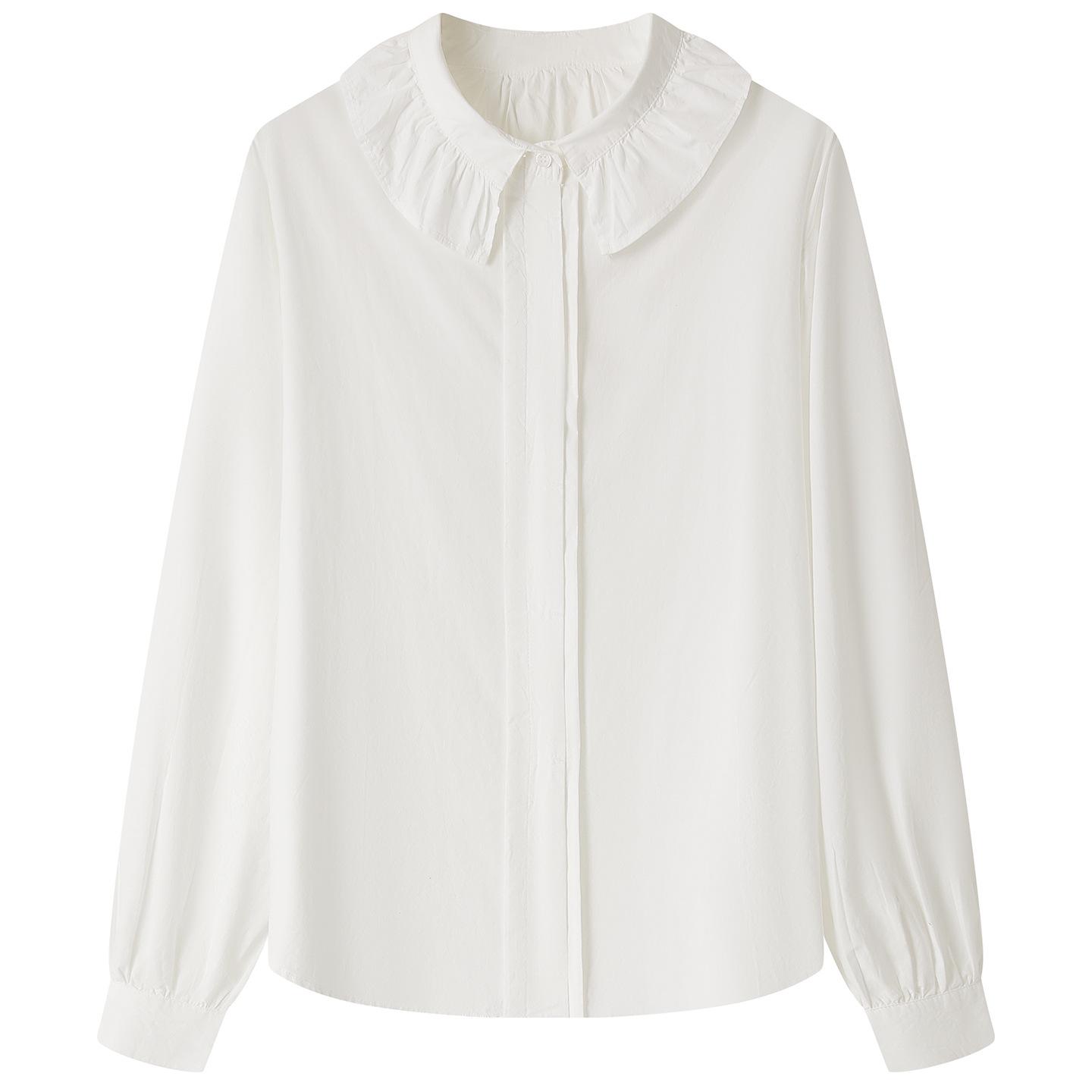 Women s Designer White Long Sleeve Ruffle Collar Shirt - Spring 2026 Casual Pure Cotton Top One Size белый