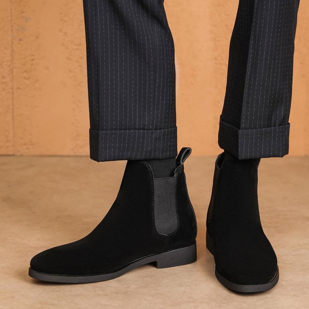 Men Chelsea Boots Genuine Leather Elastic Mid Calf Suede Martin Boots Casual Shoes