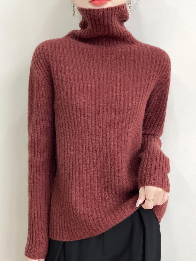 Women's Ribbed Turtleneck 100% Wool Sweater - Stylish Autumn/Winter Thick Knit Pullover Inner Layer Top