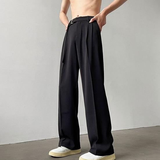 Men Suit Pants Straight Wide Leg Loose Belted Adjustable Waist Solid Color Formal Business Style Streetwear Full Length Casual Office Wear Trousers