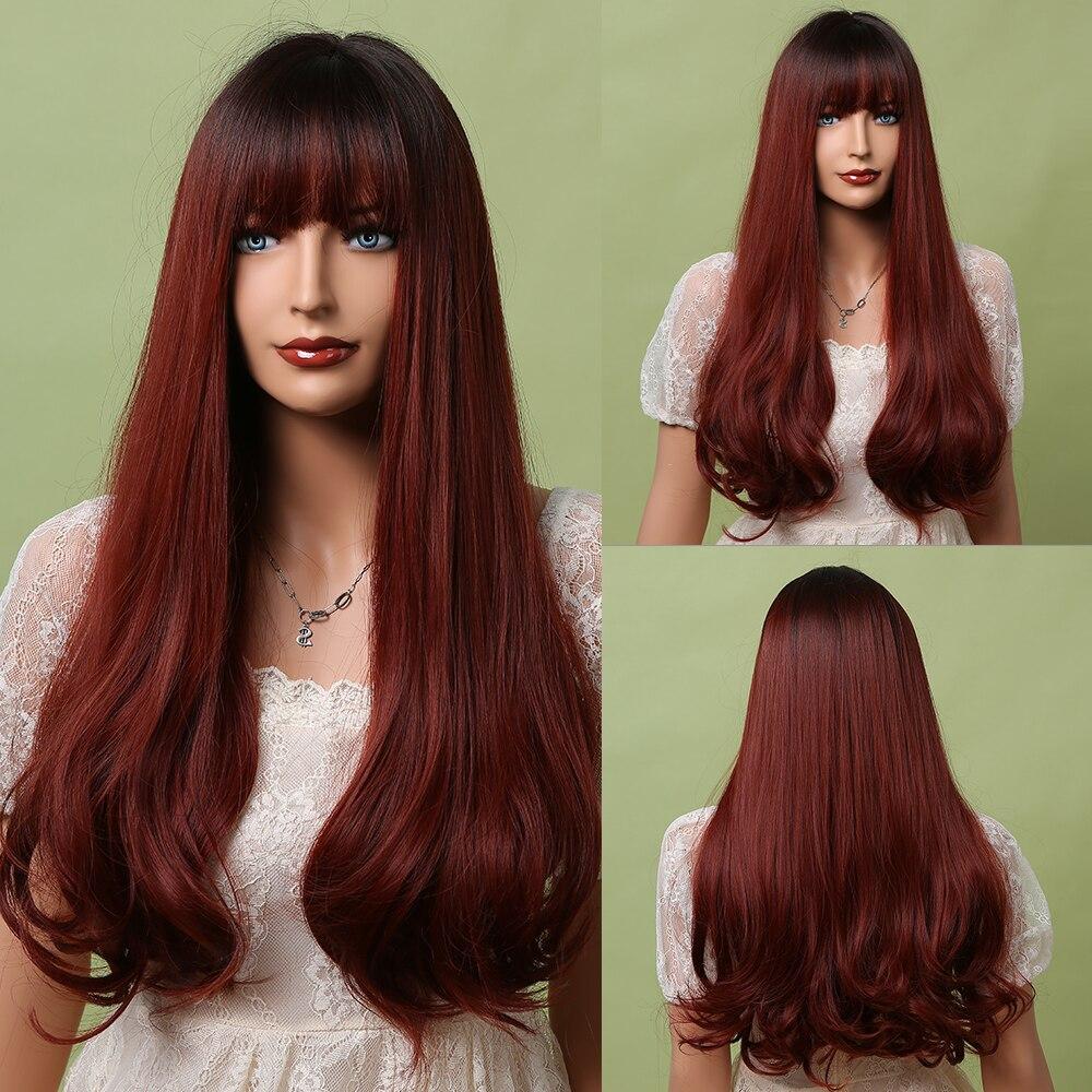 ALAN EATON Long Wavy Synthetic Wigs with Bangs for Black Women African American Ombre Black Brown Cosplay Heat Resistant Hair