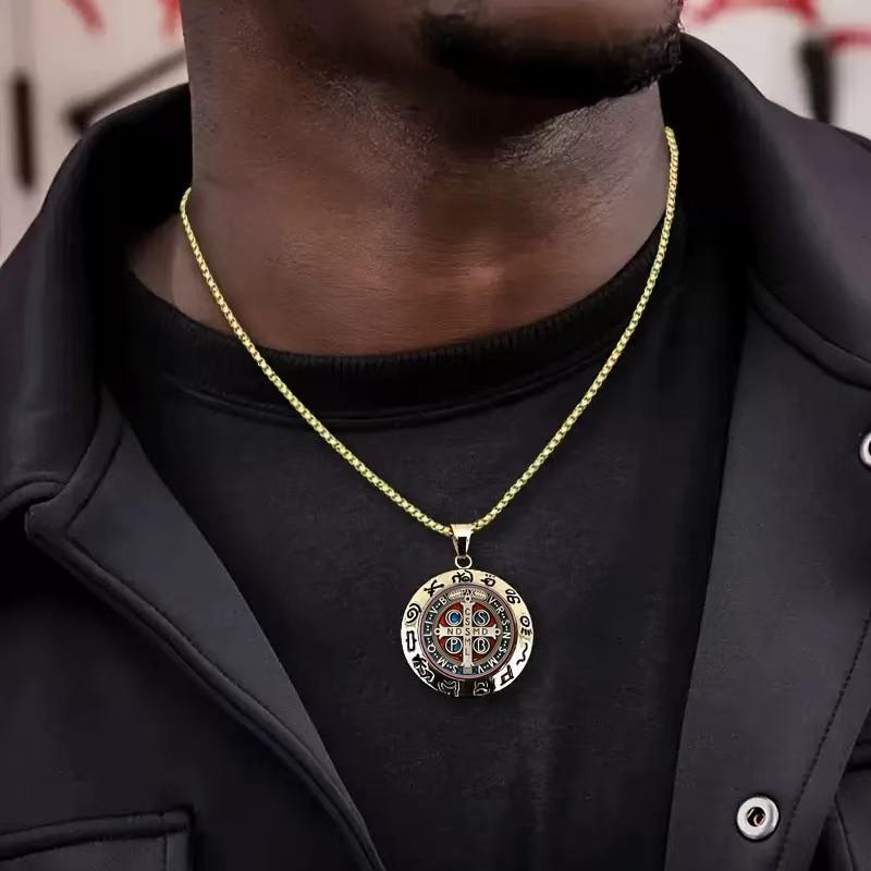 Saint Benedict Exorcism Medal Necklace - Vintage Hip Hop Round Pendant & Religious Jewelry