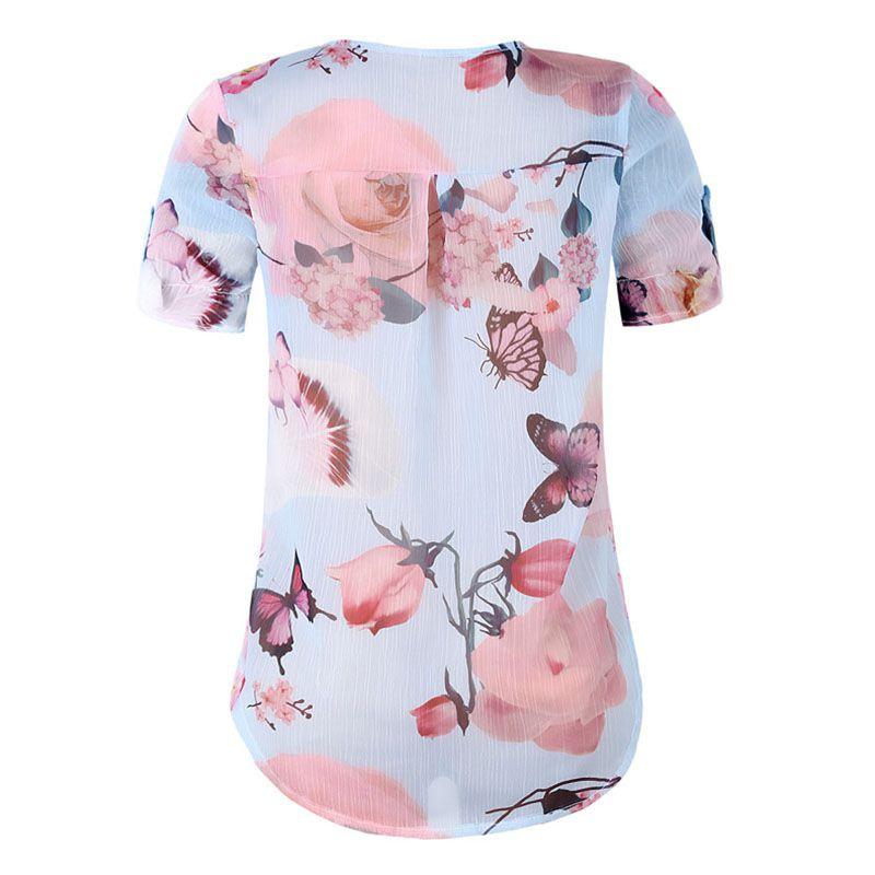 Stylish Floral Short Sleeve Ladies Chiffon Blouse For Casual Everyday Wear