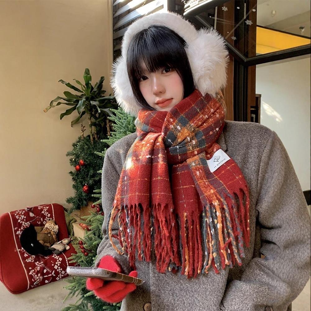 Christmas and New Year's red plaid imitation cashmere scarf women's new winter high-end warm wool scarf