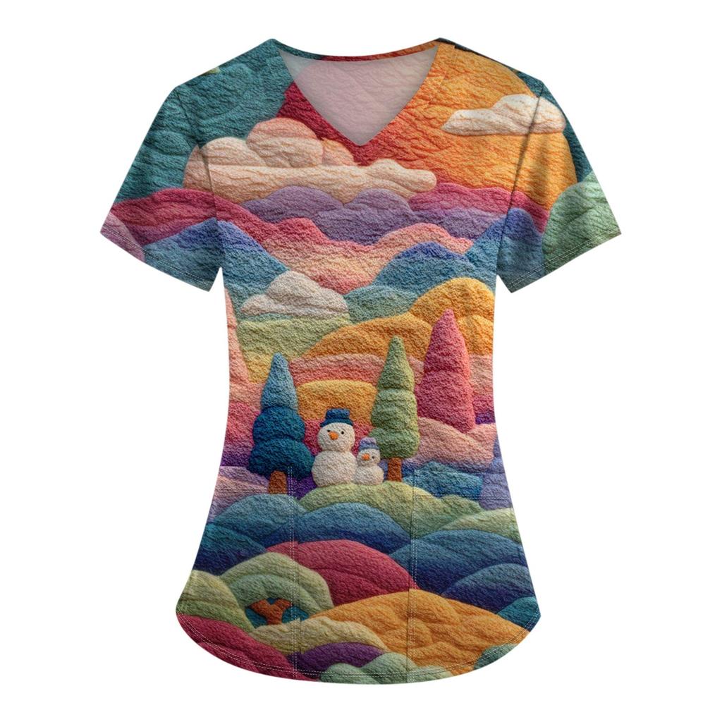 Women's Fashion Printed Short Sleeve V Neck Pattern Tops Pocket Working T-shirts
