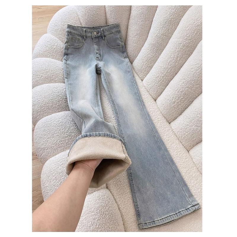 Light-colored Velvet Thickened Micro-flared Jeans for Women, Winter New High-waisted and Thin Hip-covering Elastic Horseshoe Pants