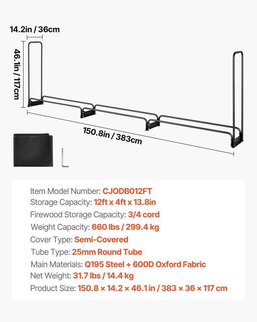 12.7FT Outdoor Firewood Rack with Cover, 152x14.2x46.1in,Heavy Duty Firewood Holder & 600D Oxford Waterproof Cover for Fireplace, Patio,
