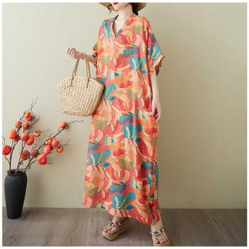 Women's Vintage Long Dress with Cotton and Linen Patterns
