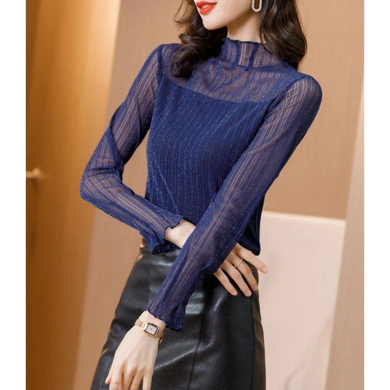 High Collar Mesh Bottoming Shirt for Women Spring and Autumn New Style Long-sleeved Lace Top