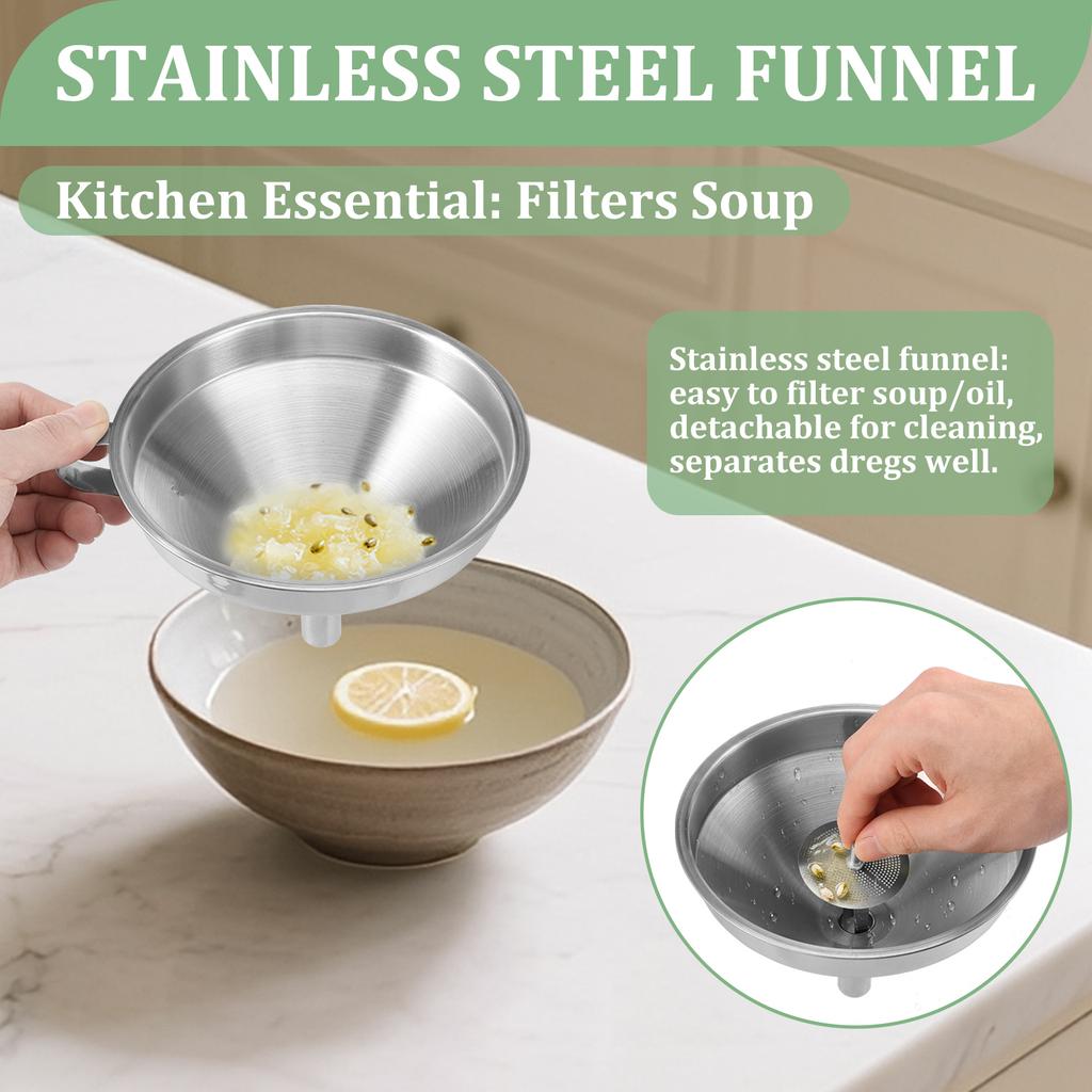 2Pcs Kitchen Funnels Set 5/6 Inch 304 Stainless Steel Oil Liquid Metal Funnel with 200/100 Mesh Strainer for Liquid Juice Wine