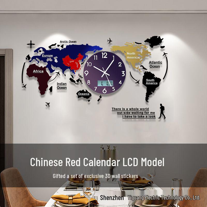 Creative World Map Wall Clock with Lamp & Perpetual Calendar for Living Room Decor