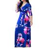 Women's V Neck Long Sleeve Printed Maxi Dress High Waist Casual Plus Size Gown